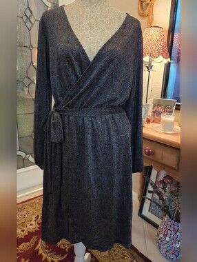 Halogen Sparkle Long Sleeve Faux Wrap Dress - size M